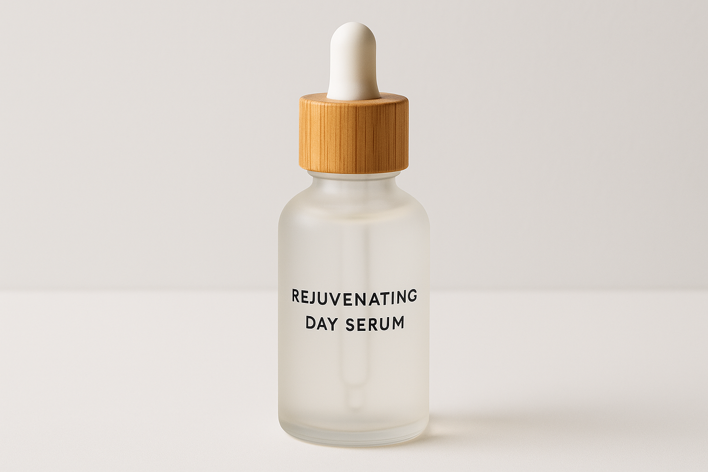 Rejuvenating day serum bottle with wooden cap on a light background