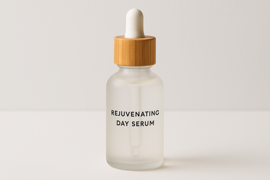 Rejuvenating day serum bottle with wooden cap on a light background